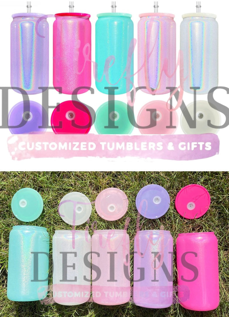 16oz. Colored + Holographic Glass Tumblers w/ Colored Lids