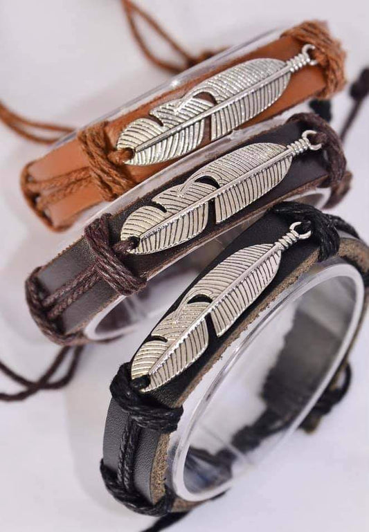 Leather Bracelet with Feather Charm